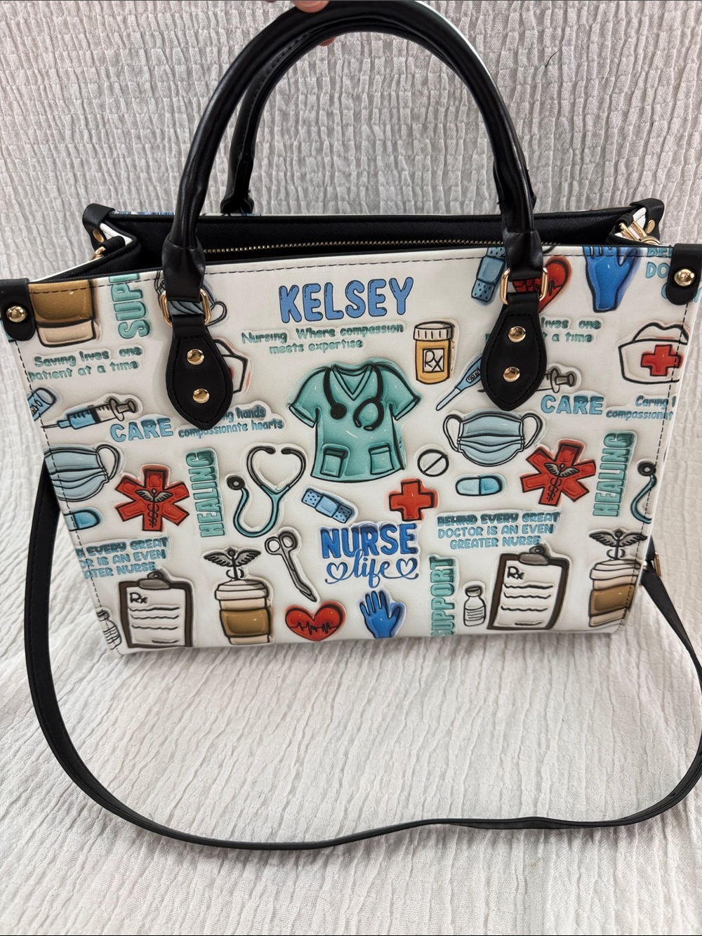 Else Nurse Life Tote Bag “Kelsey” - White with Teal, Red, Blue and Black Accents